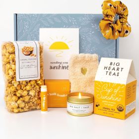Sunshine Gift For Women Self Care Package with Herbal Tea Mug Bath Bomb Candle Fluffy Socks Lip Balm Sheet Mask Scrunchie & Sending Sunshine Card