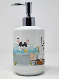 Piebald French Bulldog in Bathtub Ceramic Soap Dispenser Hand Soap Dispenser Pump Bottles for Bathroom Kitchen, Empty Refillable Liquid Soap Cont